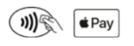 Karta z reką - symbol płatności zbliżeniowych oraz logotyp Apple